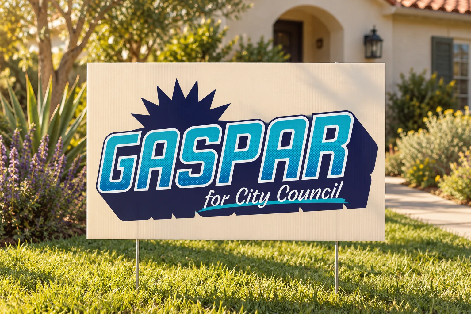 Gaspar for City Council yard sign in a sunny front garden